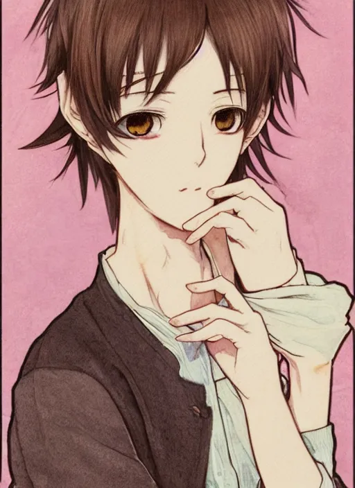 Prompt: A watercolor frontal portrait of a beautiful anime skinny catboy with short cream colored hair and dark brown skin wearing a white sweater, elegant, fennec ears on top of his head, hair covering ears, delicate, soft lines, higly detailed, smooth , pixiv art, ArtStation, pink hue, artgem, art by alphonse mucha charles reid mary cassatt and shirow masamune, high quality