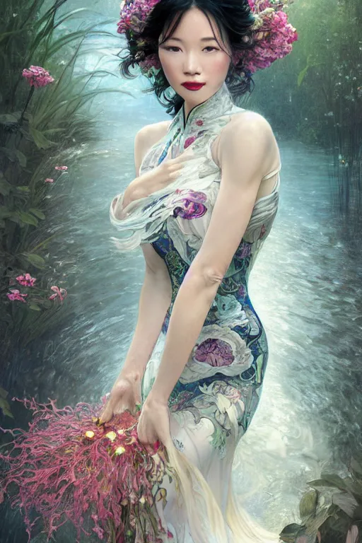 Image similar to portrait of a beautiful woman wearing a cheongsam dress, holding a bouquet of flowing flowers, drenched body, silver hair, emerging from the water, dark fantasy, regal, fractal crystal, fractal gems, by ross tran, stanley artgerm lau, thomas kindkade, alphonse mucha, loish, norman rockwell