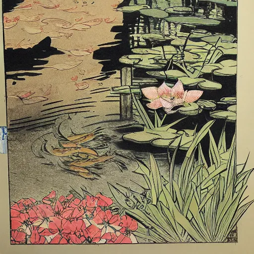 Prompt: the flowers are really bedraggled and the koi have been lethargic all summer, California, midday sunlight, Japanese woodcut, concept art,