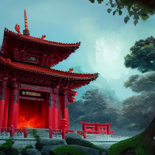 Image similar to a beautiful red asian temple with green details surrounded by torches of blue goblin fire, digital art, 4 k, trending on artstation, devianart and cgsociety