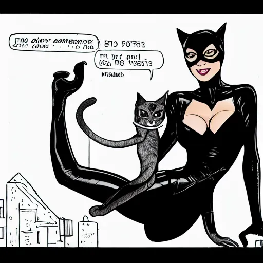 Prompt: catwoman, from the tv show, wearing a lithe catsuit, holding a cat, on a rooftop, by catwoman, in a comic book style.