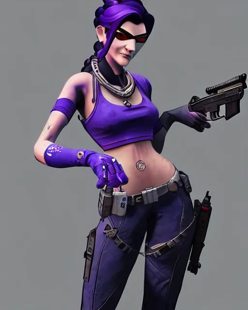 Prompt: widowmaker from overwatch, intricate details, highly detailed, in the style of gta 5 game cover art