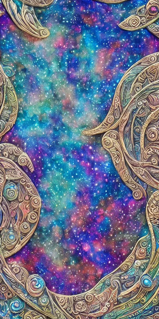 Image similar to intricate colourfully painted carved Soapstone relief paneling, iridescent, pearl and pale blue toned, celestial, cosmos, galaxies, planets, divinity, moon goddess, mother earth, Earth Goddess mythology, Gaia, angels, dream atmosphere, bright colors, vivid colors, Ghostly, crystaline celtic, insanly detailed , artstation, wallpaper, hyper realistic, realistic lighting