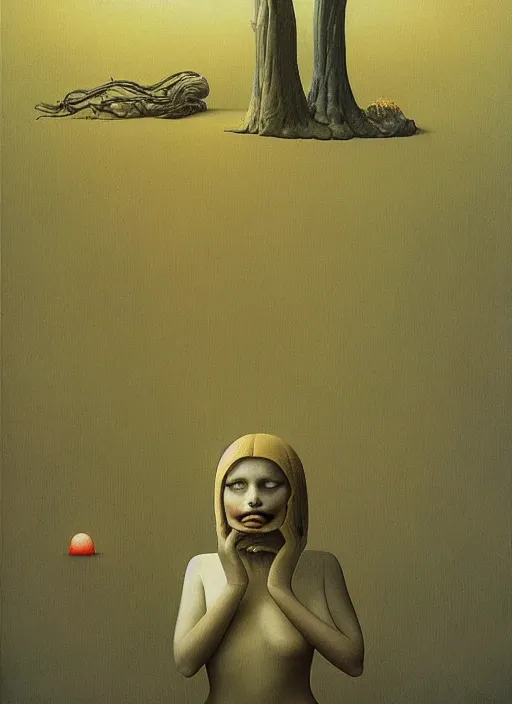 Image similar to She is overwhelmed by on demand creativity she searches for meaning as the world changes too fast to think, Edward Hopper and James Gilleard, Zdzislaw Beksinski, Mark Ryden, Wolfgang Lettl highly detailed