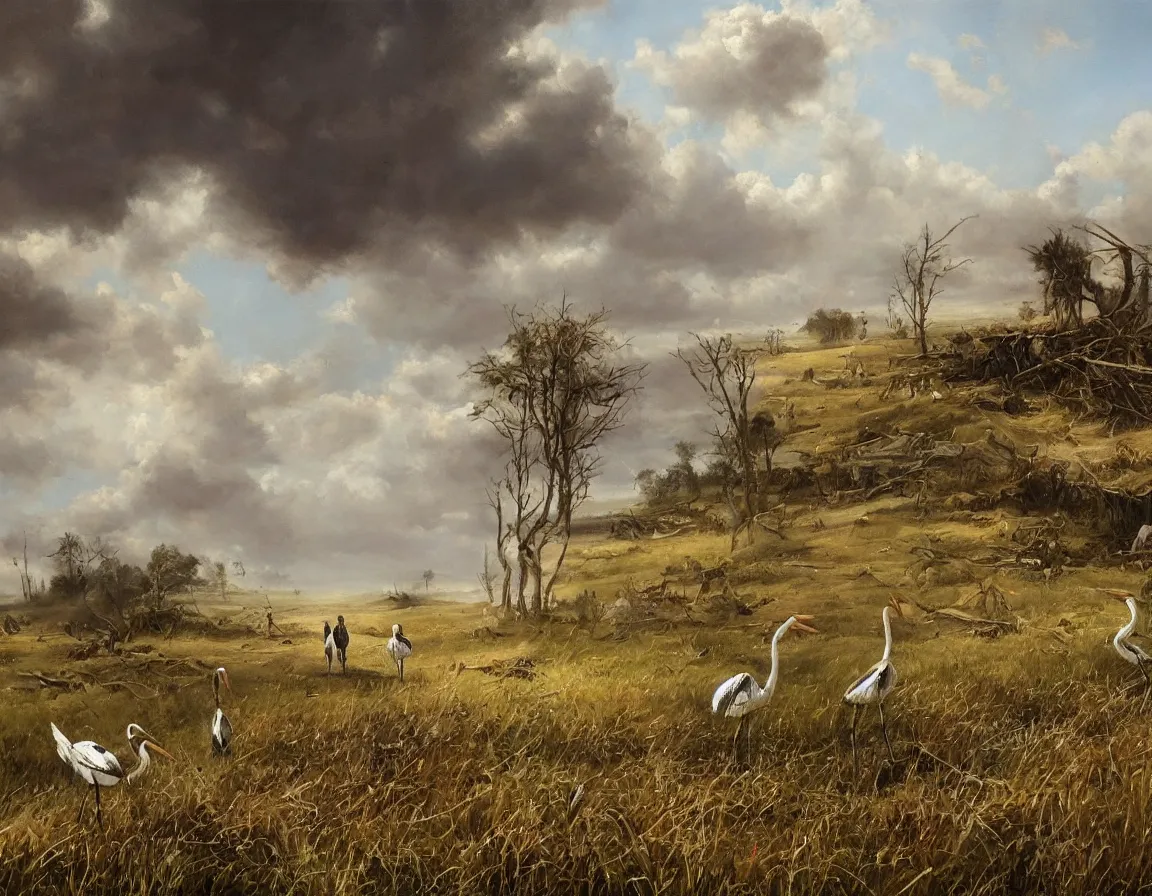 Image similar to the beautiful oil painting of the pair of storks walking by the field and looking to the destroyed weapons and war tanks, trending on artstation, digital art, highly detailed, canvas oil painting