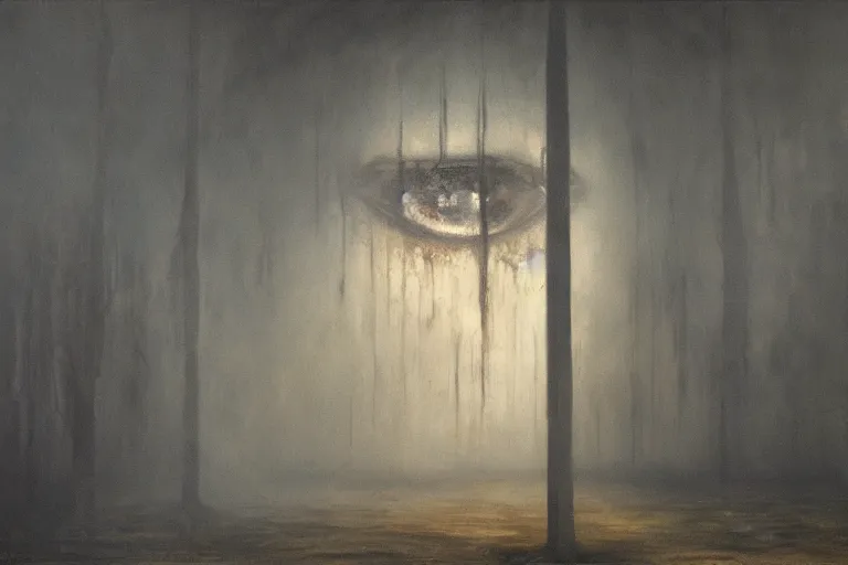 Image similar to standing at the eye of a giant being, silent hill, psychological horror, oil painting, atmospheric, eyes