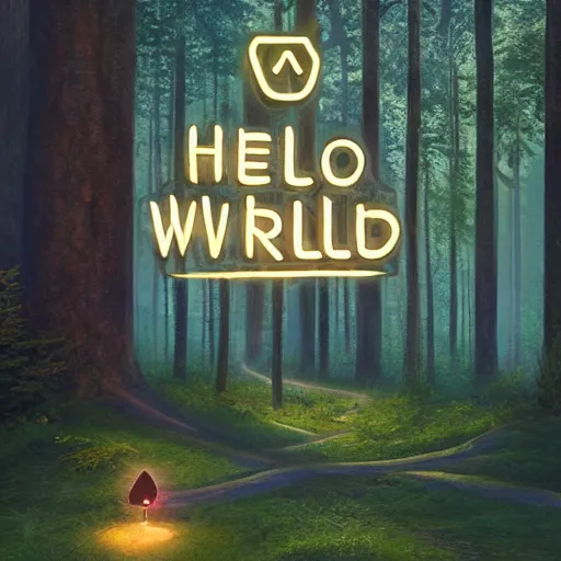 Image similar to 'Hello World' sign in a fairy forest, by Beeple, RHADS, and Greg Rutkowski, trending on artstation, unreal engine, 4k, high quality render, digital art