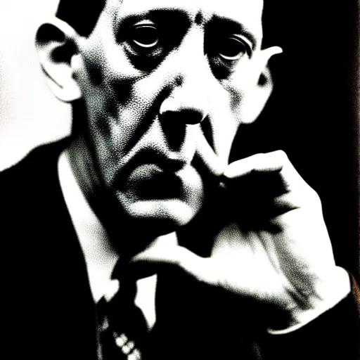 Prompt: h p lovecraft posing for a camera, holding up an eye during an photoshoot for his early 2 0 0 0's techno album, cool coloring reminiscent of the 2 0 0 0 s