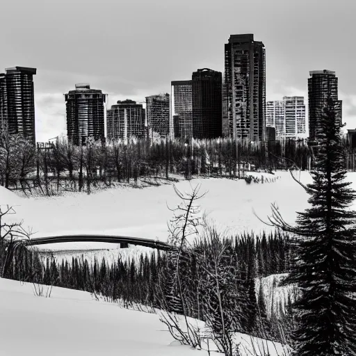 Image similar to yeg Edmonton Edmontonian, YEG, black and white, winter, in the style of Emily Carr,