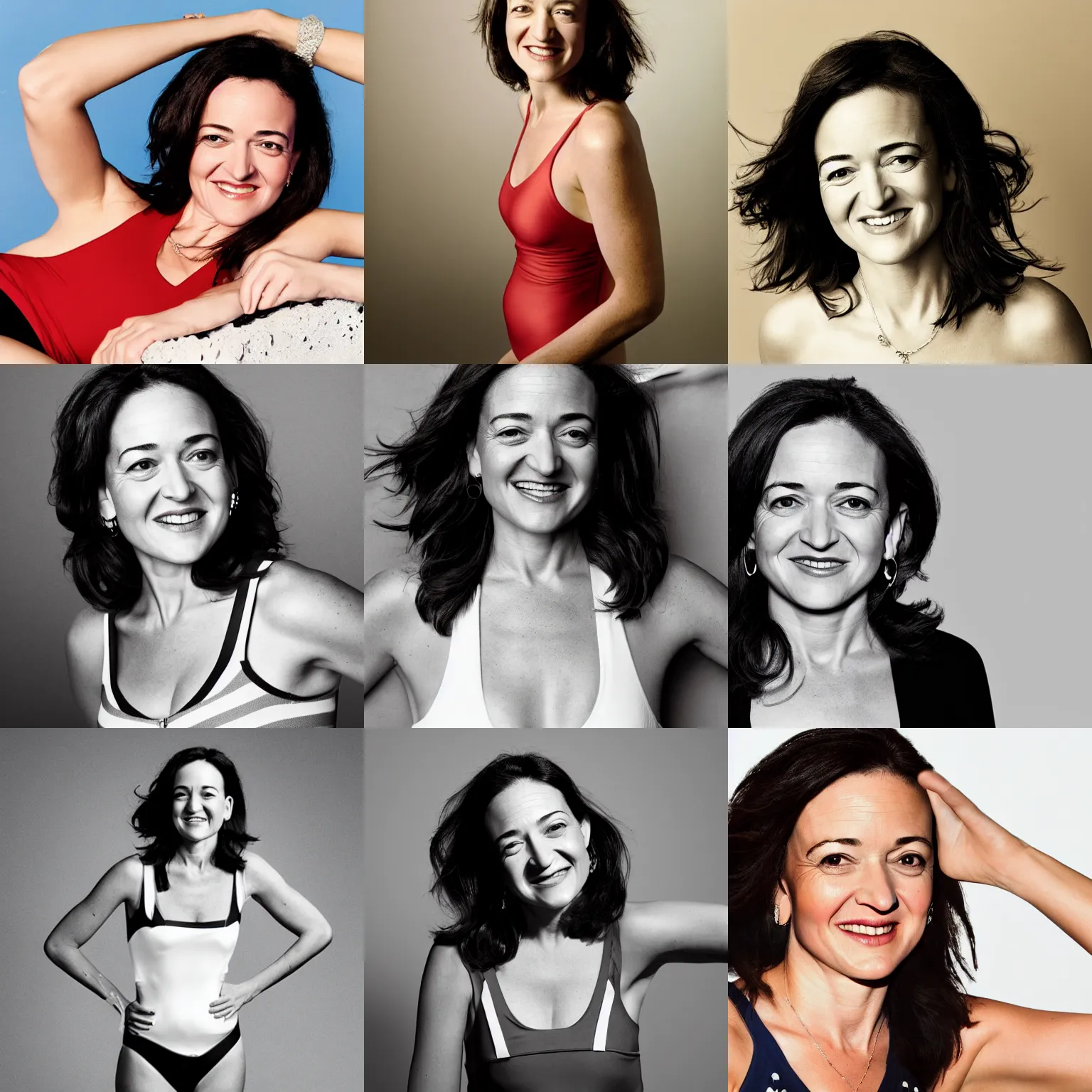 Prompt: Photo of Sheryl Sandberg in swimsuit, soft studio lighting, photo taken by Terry Richardson for Abercrombie and Fitch, award-winning photograph, 24mm f/1.4