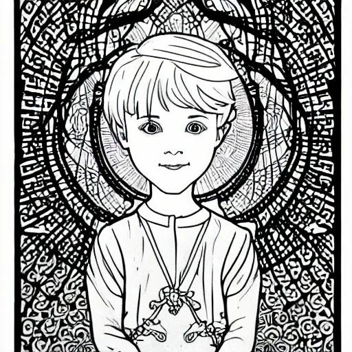 Image similar to clean simple line art of a little boy with short hair. no background. well composed, clean coloring book page, beautiful detailed face. coloring book line art by greg rutkowski and johanna basford and alphonse mucha