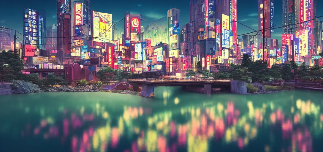 Image similar to very beautiful view of a modern japanese city at night, watery lake with dappled reflections, icy mountains in the background, calm clouds, colorful glow, neon lights, cinematic lighting, ultra detailed, sharp, ambient occlusion, raytracing, by dylan cole, sebastian meyer and jordan grimmer