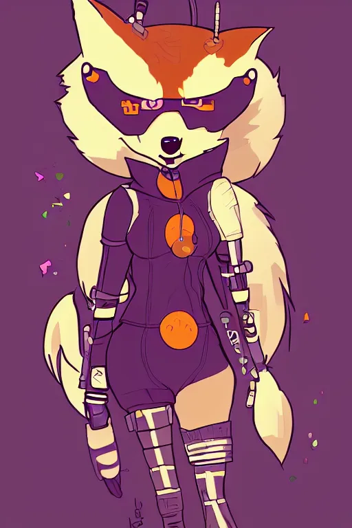 Image similar to a cute cyberpunk anthropomorphic fox with a fluffy tail, comic art, trending on furaffinity, cartoon, kawaii, backlighting, furry art!!!, cel shading, concept art, poster art