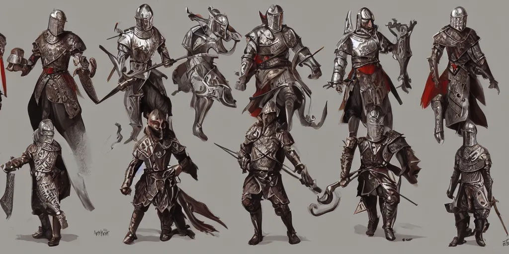 Image similar to different views medieval knights, intricate!! concept art by senior character artist, trending on artstation, full body character design