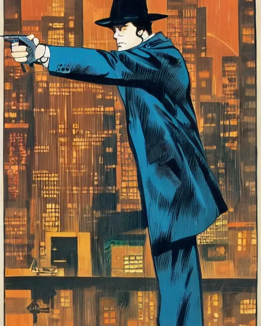 Image similar to detective with revolver, wearing trenchcoat, 1 9 7 0 s nyc, rainy, artwork by frank miller