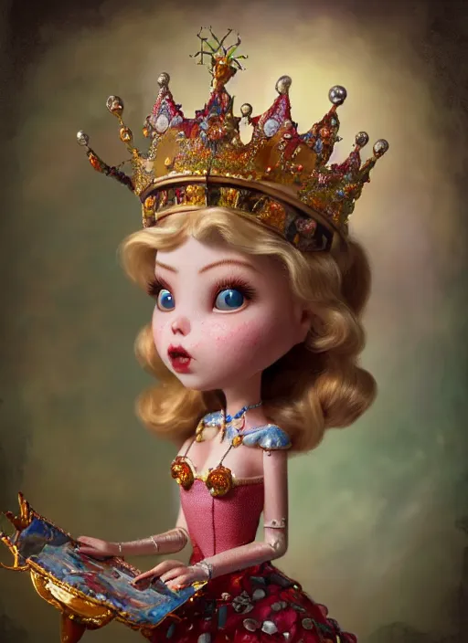 Image similar to highly detailed closeup, profile portrait of a tin toy fairytale princess wearing a crown, bikini, unreal engine, nicoletta ceccoli, mark ryden, earl norem, lostfish, global illumination, detailed and intricate environment