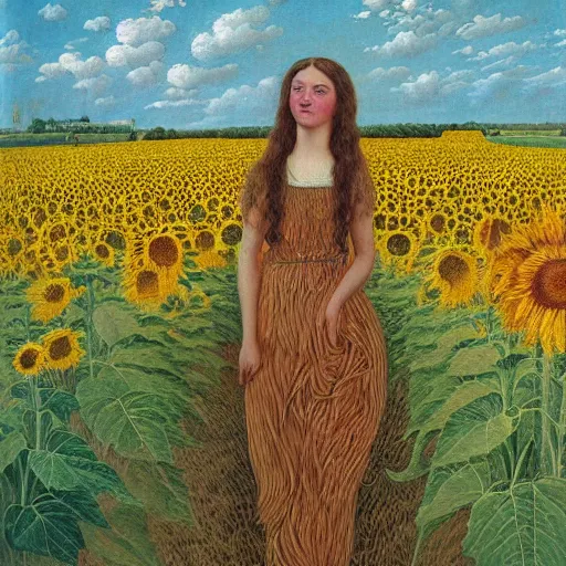 Image similar to a girl in amazing tall sunflower field, her hair flowing down, subtle, intricate details, real masterpiece, oil on canvas, by johfra bosschart, felice casorati