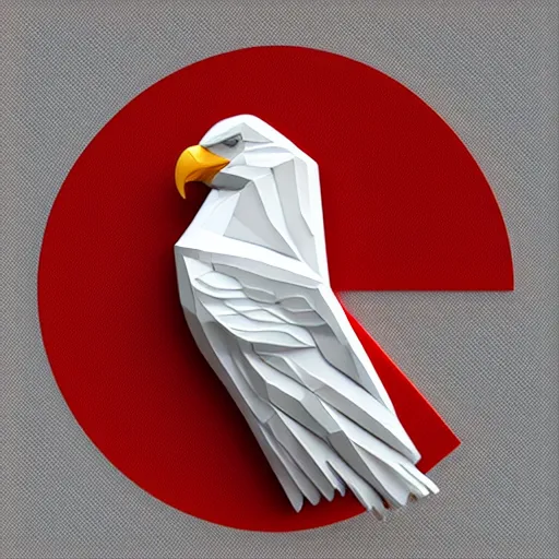 Prompt: 2 dimensional, vector, low poly, white eagle icon, red background, cgsociety, artstation, octane render