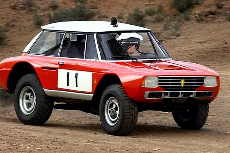 Prompt: designed by giorgetto giugiaro a single 1 9 6 7 dakar prepped land cruiser testarossa, race footage, speed