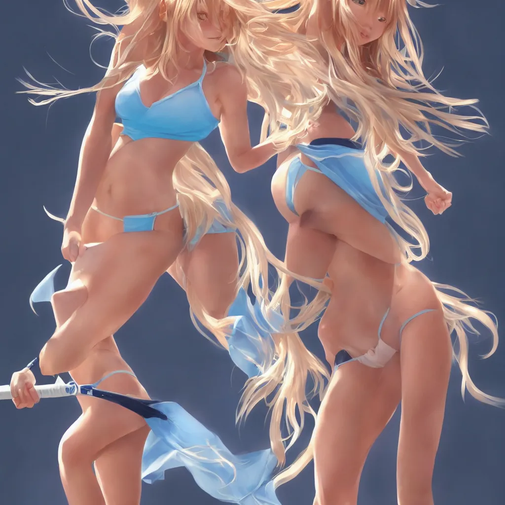 Prompt: a very beautiful young tennis player yuuki asuna, full body, long wavy blond hair, sky blue eyes, full round face,, bikini, miniskirt, front view, mid - shot, highly detailed, cinematic wallpaper by stanley artgerm lau