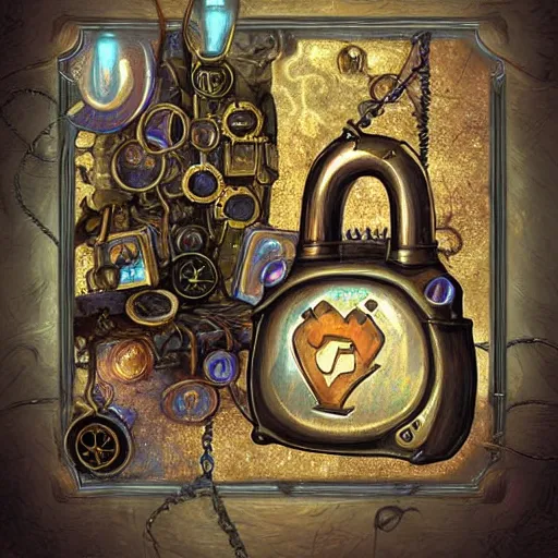 Image similar to a steampunk keyed padlock 🔒 🔑, fantasy digital art, magical background in the style of hearthstone artwork