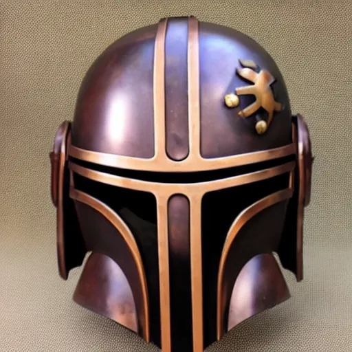 Image similar to a steampunk mandalorian helmet