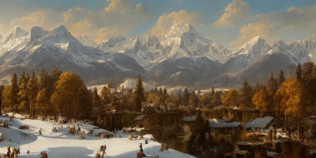 Prompt: a beautiful classical landscape painting of munich with the alps in the distance in the background, mountains, snow, oil on canvas, highly detailed, 4 k, hd