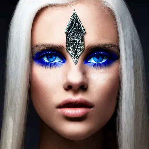 Prompt: incredibly beautiful portrait of A wonderful topmodel girl who looks like a priestess of love. With blue eyes. White hair.