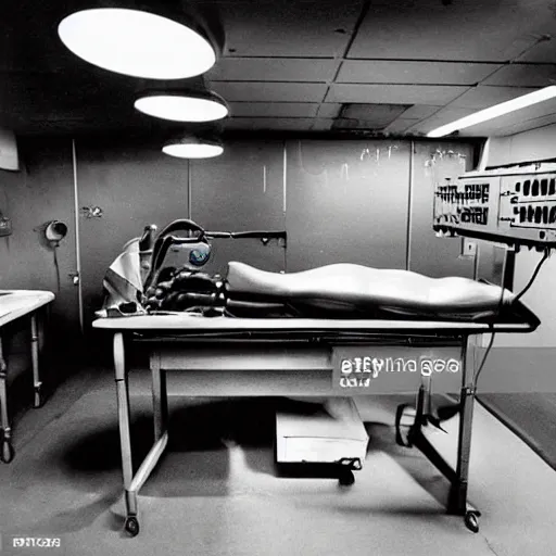 Image similar to secret underground lab where an experiment is performed on an alien body lying on a surgical table, top secret, data deleted, high detail 1 9 6 5 s
