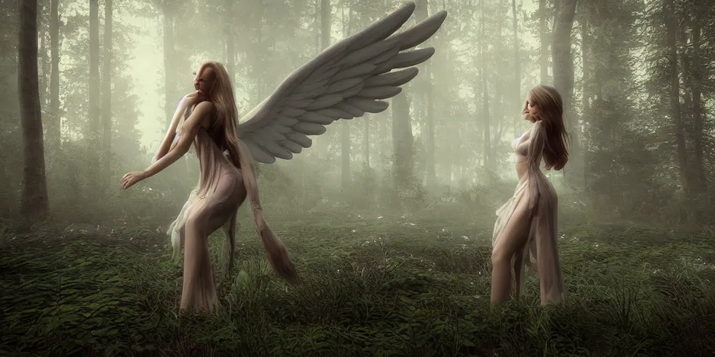 Image similar to A really beautiful woman with angel wings torn clothes in the forest Octane render, 4k, 8k, unreal 5, very detailed, hyper realism, trending on artstation.