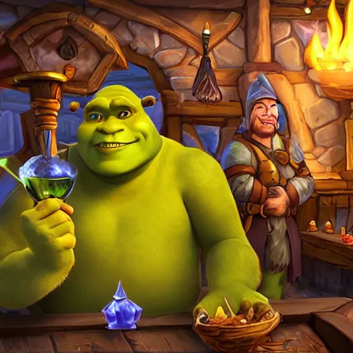 Prompt: shrek as a wizard, in a tavern, hearthstone, concept illustartion, character art,