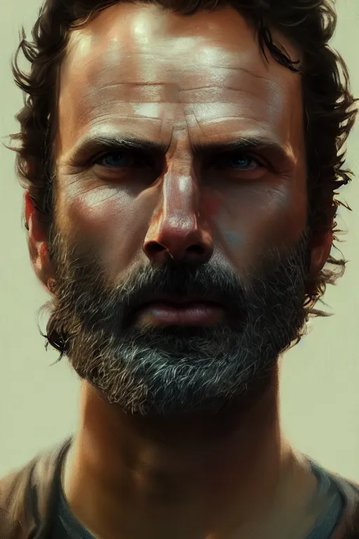 Prompt: , ultra detailed close up facial portrait of rick grimes, extremely detailed digital painting, in the style of fenghua zhong and ruan jia and jeremy lipking and peter mohrbacher, mystical colors, rim light, beautiful lighting, 8 k, stunning scene, raytracing, octane, trending on artstation