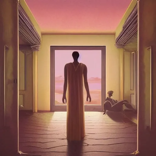 Prompt: indoor liminal dream, golden light, greg rutkowski, palm trees, pink door, minimalistic, hyperrealistic surrealism, award winning masterpiece with incredible details, epic stunning, infinity pool mirrors, a surreal vaporwave liminal space with mirrors, highly detailed, trending on artstation, artgerm and greg rutkowski and alphonse mucha, daily deviation