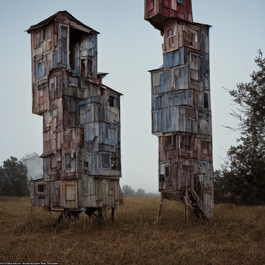 Image similar to two high towers, made up of makeshift squatter shacks with faded colours, plain uniform sky at the back, uneven fog, mamiya, fully frontal view, ultra sharp, very detailed, photographed by julie blackmon