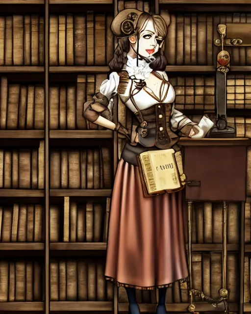 Image similar to a steampunk female maid holding a stack of books, standing in a steampunk reading room, bookshelf.