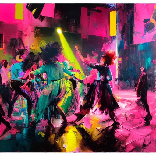 Prompt: portrait of people dancing, ecstatic, wonderful techno party, bright vibrant colors, shades of pink, by by greg rutkowski, by jeremy mann, by francoise nielly