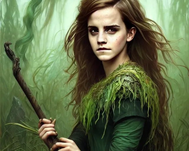 Prompt: mindblowing portrait of emma watson as a swamp witch, green colored skin!!, holding a caduceus staff, messy hair, deep focus, d & d, fantasy, intricate, elegant, highly detailed, digital painting, artstation, concept art, matte, sharp, illustration, hearthstone, art by artgerm and greg rutkowski and alphonse mucha