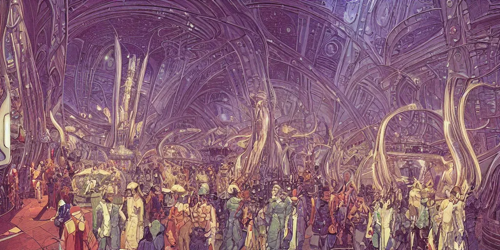 Image similar to a cinematic shot of the interior of a sci - fi space station with ornate elven architecture bustling with people by jean giraud moebius, crystalline, emerald, detailed matte illustration by moebius, clean lines, sharp focus