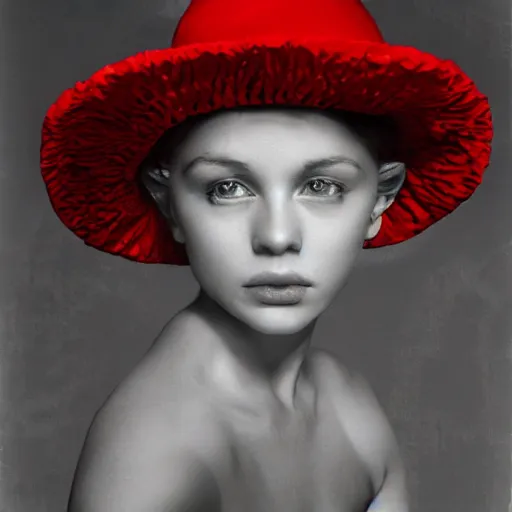 Image similar to half - length portrait of girl in a red hat and black dress, fine art portrait photography by richard avedon, volumetric lighting, very detailed, high resolution,