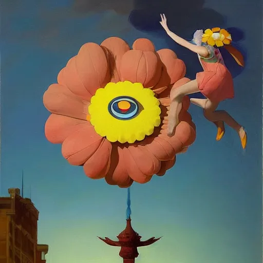 Image similar to Giant flowers fly through the air, as a tornado approaches, by Takashi Murakami, Edward Hopper, Bo Bartlett, and Cynthia Sheppard, Artstation