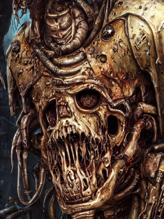 Image similar to portrait art of 8k ultra realistic undead eldritch horror corrupted rusting space marine,decaying, cybernetic, full of colour, cinematic lighting, battered, trending on artstation, 4k, hyperrealistic, focused, extreme details,unreal engine 5, cinematic, masterpiece, art by ayami kojima, giger