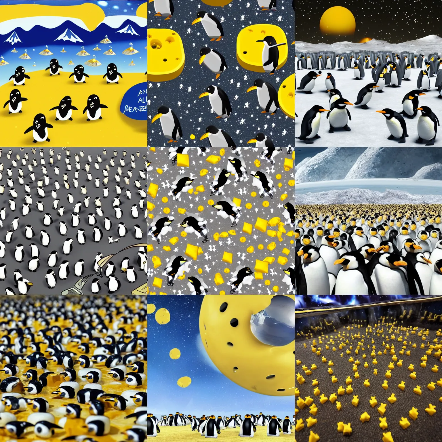 Prompt: planet made of yellow swiss cheese in space, army of robotic penguins, soldier penguins, invasion, hyper-realistic, gloomy