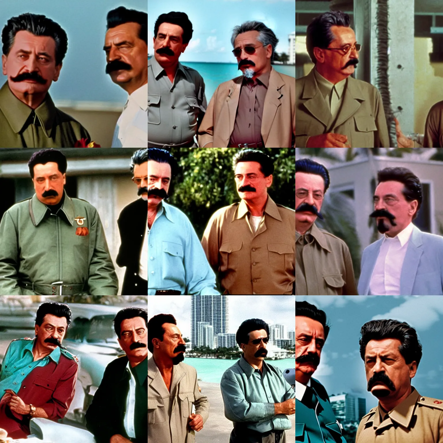 Prompt: stalin and trotsky in miami vice, film