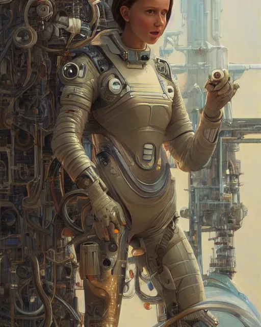 Image similar to a realistic oil painting of a girl resembling alicia vikander or millie bobby brown wearing a spacesuit in a futuristic mechanical spaceship engine, highly detailed, intricate, artstation, by donato giancola