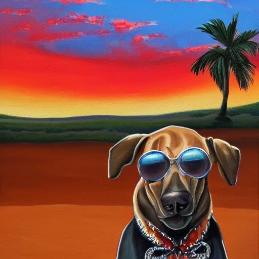 Prompt: painting of a cool dog smoking with sunglasses and a red hawaiian shirt in the sunset, high detail, portrait