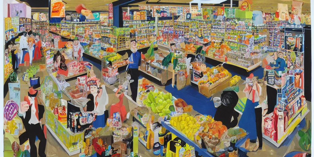 Prompt: mixed media David salle painting of a supermarket, line art cartoon figures superimposed on it