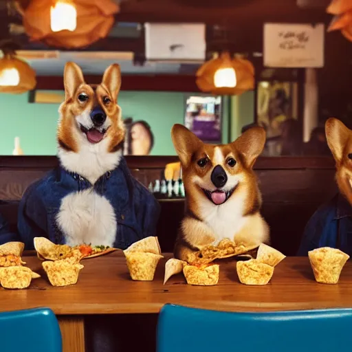 Image similar to A group of corgis eating taco in a Mexican restaurant, cinematic lighting, dramatic