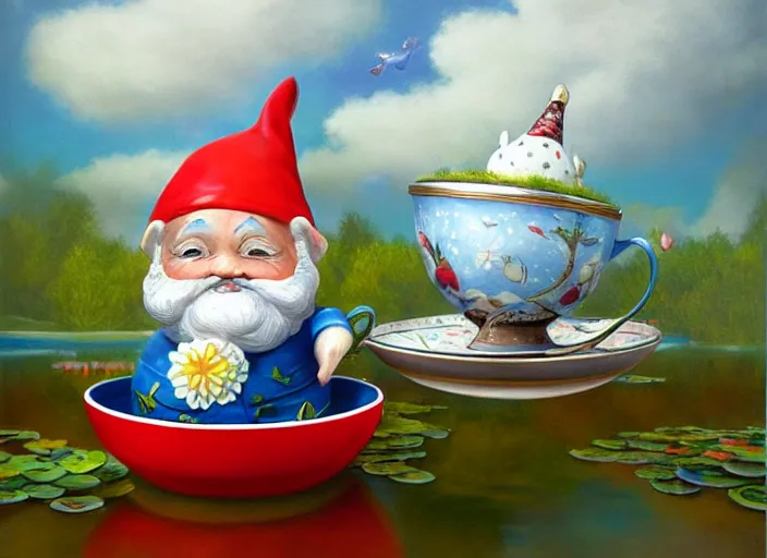 Image similar to a garden gnome sailing in a teacup, whimsical background of a reflective pond on a sunny day with dramatic clouds, an ultrafine detailed painting by mark ryden, trending on deviantart, pop surrealism, whimsical, lowbrow, grotesque