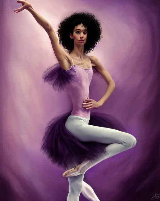 Image similar to young brook shields as a ballerina, perfect face, purple halter top, black hair, abs, cinematic, young adult, slim face, stunning, adorable, cute, athletic, strong, agile, highly detailed, psychedelic, digital painting, artstation, smooth, hard focus, illustration, art by jessica rossier and and brian froud