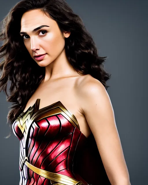 Prompt: headshot of beautiful actress gal gadot as wonder woman - raw, studio lighting, 8 k, photo shoot, 9 inch kershaw soft focus lens f / 5. 6